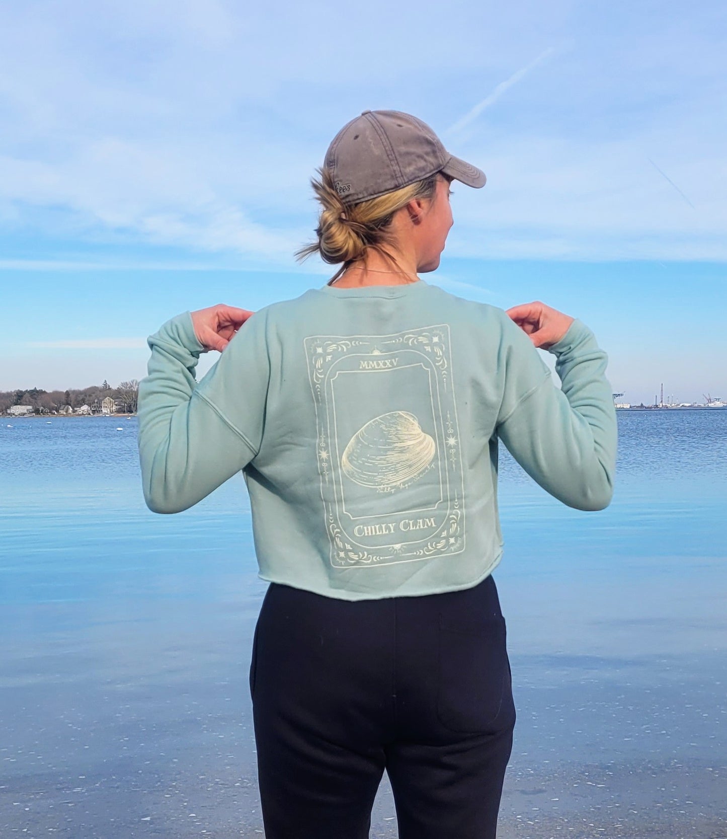 Cropped Sweatshirt - Chilly Clam Unique Loteria Design, Light Blue